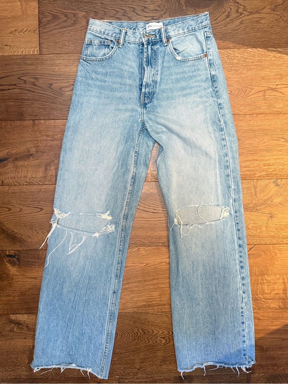 Zara Light Blue Distressed Straight-Leg Jeans